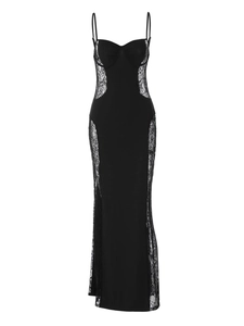 Elegante abito nero aderente con patchwork di pizzo e dettagli in mesh snellenti
