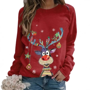 Women's red long sleeve Christmas reindeer graphic sweatshirt with festive print