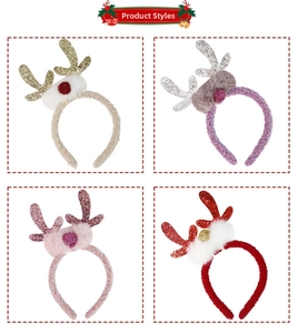 Details von vier Arten weihnachtlicher Rentiergeweih-Haarreifen mit Plüsch und Pailletten