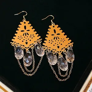 French vintage gold drop earrings with crystal tassels and geometric cut-outs