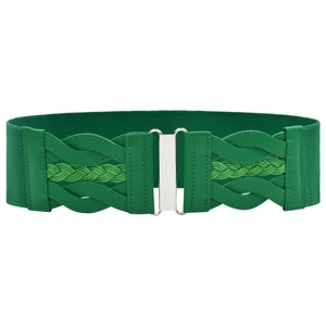 Women's wide green elastic waist belt with faux leather weave and silver metal buckle