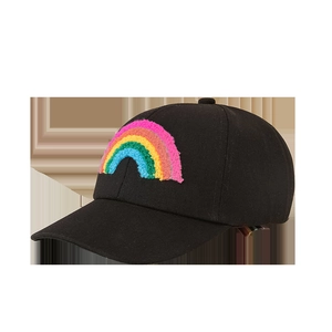 Black cotton baseball cap featuring colorful rainbow embroidery and wide brim for kids