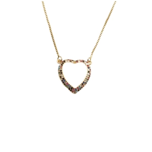 Collana in rame placcato oro con ciondolo a cuore aperto e piccoli cristalli colorati