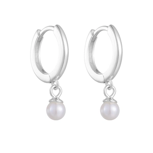Detailed view of S925 sterling silver hoop earrings with round white pearl pendants