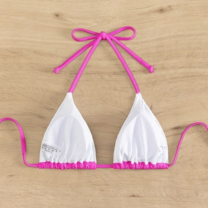 Sexy white triangle bikini top with pink straps and 80% polyamide high elasticity fabric