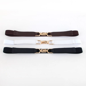 Elastic skinny waist belts in brown, white and black with gold interlocking buckles
