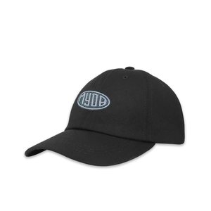 Detail of the MYOB logo embroidery on a black twill cotton 6-panel baseball cap