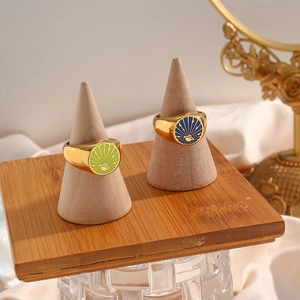 Vintage 18k gold plated stainless steel planet rings with green and blue enamel details