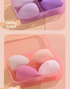 Macro detail of tear-drop makeup sponges in a transparent four-grid storage case