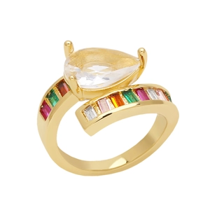 Gold bypass ring featuring a pear-cut clear zircon and colorful rainbow gemstones
