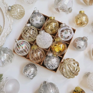 Champagne gold and silver Christmas ornaments set with glitter and reindeer patterns