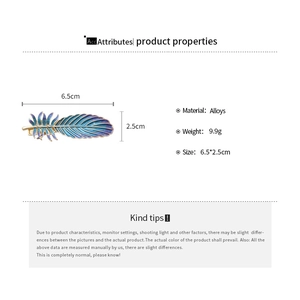 Tableau détaillé des tailles pour pince à cheveux plume avec mesures en cm et poids en grammes