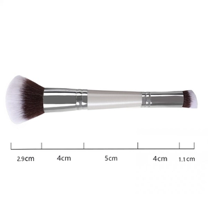 Dual-ended makeup brush with dimensions showing gradient bristles and silver metal ferrules