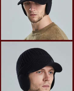 Detail of men's winter knit hat featuring a warm visor and ear flaps in black