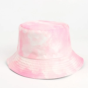 Detail of pink and white tie-dye cotton bucket hat with parallel stitched brim for sun protection
