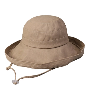 Khaki foldable cotton linen sun hat with wide brim and adjustable windproof strap