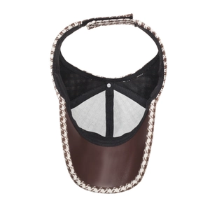 Brown houndstooth open-top baseball cap with adjustable Velcro and leather brim