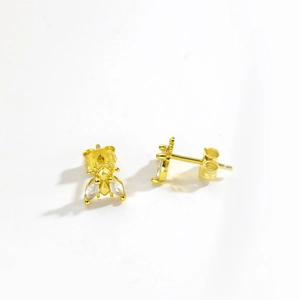 Close-up of S925 sterling silver bee earrings in gold with sparkling zircon wings