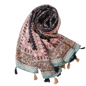 Ethnic bohemian floral print shawl with dual-tone tassels and vintage geometric patterns