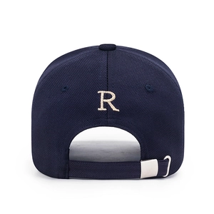 Navy blue baseball cap with R letter embroidery and metal buckle back view