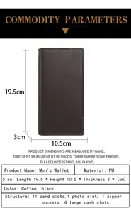 Detailed size chart for men's long PU leather wallet with dimensions and internal capacity