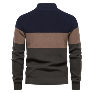 Back view of a men's knitted sweater with navy, brown, and dark green stripes