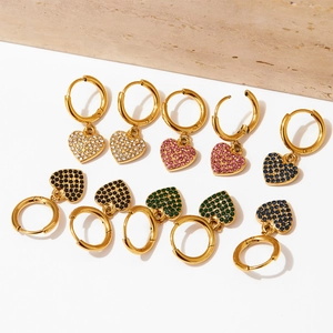 PVD gold plated stainless steel heart earrings set with colorful cubic zirconia