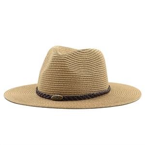 Straw fedora sun hat with leather band and vintage bull emblem for outdoor leisure