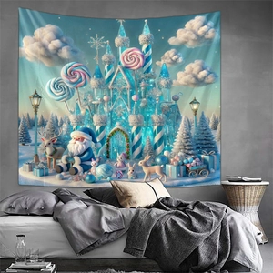 Detailed Christmas wall tapestry featuring a dreamy snow castle and colorful candy decor