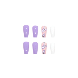 Long coffin purple ripple and white marble press-on nails with silver glitter accents