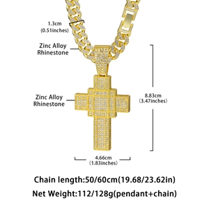 Gold finish hip hop cross pendant with iced out rhinestones and heavy cuban chain