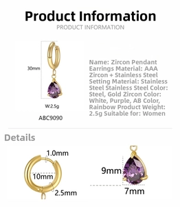 Detailed dimensions of gold stainless steel hoop earrings with purple zircon drop