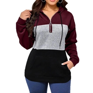 Detail of color-block hoodie featuring half-zipper with ring pull and adjustable drawstring