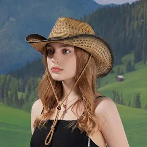 Western style woven straw cowboy hat with adjustable chin strap for outdoor sun protection