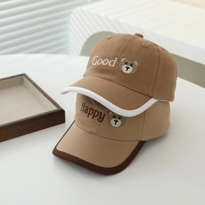 Kids baseball cap with embroidered bear and letters, brown and khaki cotton sun hats