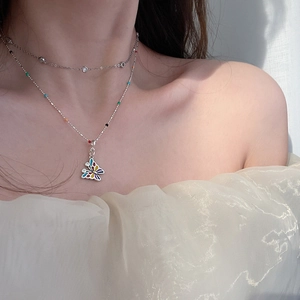 S925 silver double layer necklace with colorful beads and butterfly pendant for women
