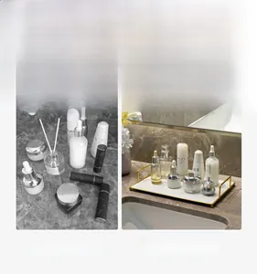 Detail of marble pattern tray with gold frame showing before and after storage organization