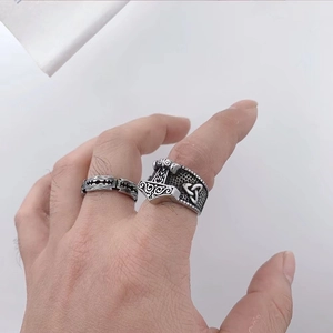 Vintage stainless steel Mjolnir Thor Hammer ring set for men with Nordic Celtic knot design