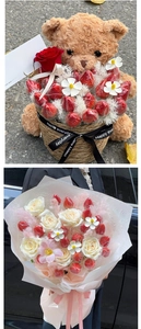 DIY floral tool base securing strawberry and flower arrangements in gift baskets