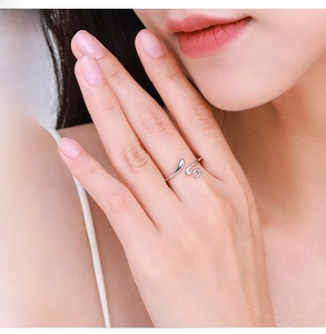 Detail of minimalist S925 sterling silver snake ring worn on a finger