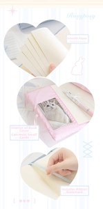 Detail of the pink and blue fabric journal with inner card slots and smooth cream pages