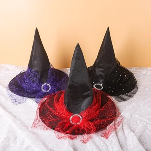 Three-piece Halloween witch hat set in black oxford cloth with purple and red spider web lace