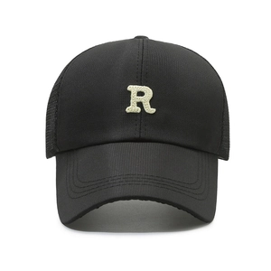 Quick-dry baseball cap with black fabric and white letter R 3D embroidery detail