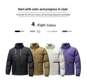 Detail view of winter multi-pocket cargo jackets in black, khaki, apricot, and purple tones