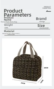 Detail of insulated lunch bag with tweed texture, aluminum foil lining and striped handles