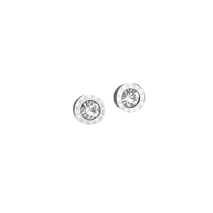 Minimalist silver titanium steel stud earring with Roman numerals and clear zircon crystal