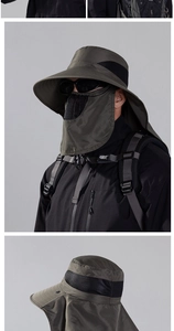 Detail of army green sun hat with breathable mesh and detachable neck protector flap