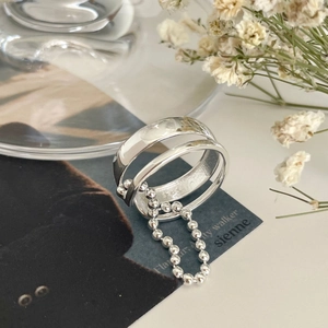 925 Sterling Silver Ring Open Adjustable Double Layer Bead Chain Hollow Geometric Minimalist Fashion Jewelry Women
