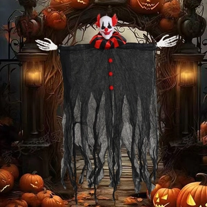 Hanging Halloween clown skeleton decoration with black gauze and red collar for party decor