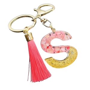 Pink resin letter S keychain with gold glitter and elegant tassel for handbag